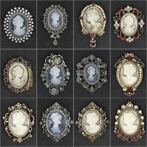Rhinestone beauty head brooch electroplated alloy retro chest flower women's clothing accessory pin