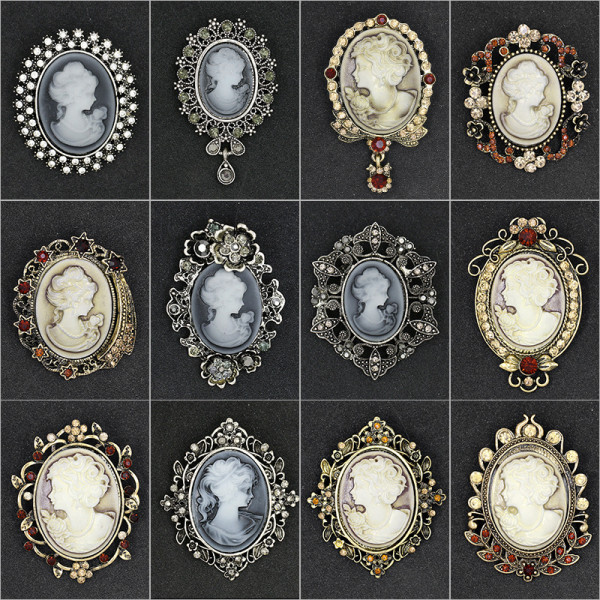 Rhinestone beauty head brooch electroplated alloy retro chest flower women's clothing accessory pin