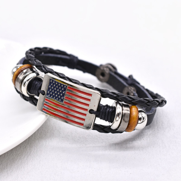 Vintage woven leather bracelet with red, white, blue, national flag color bead bracelet