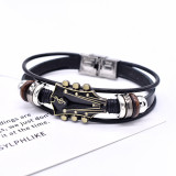 Music Guitar Genuine Leather Bracelet Drip Oil Stainless Steel Buckle Braided Leather Bracelet