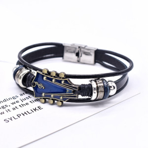 Music Guitar Genuine Leather Bracelet Drip Oil Stainless Steel Buckle Braided Leather Bracelet
