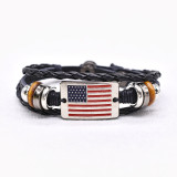 Vintage woven leather bracelet with red, white, blue, national flag color bead bracelet