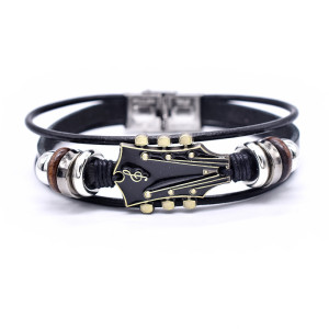 Music Guitar Genuine Leather Bracelet Drip Oil Stainless Steel Buckle Braided Leather Bracelet