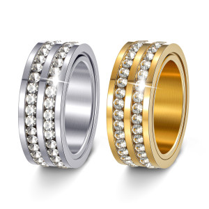 Double row rhinestone 304 stainless steel rotatable ring 8mm ring for ladies