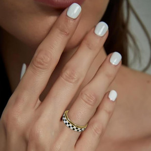 304 stainless steel black and white checkered ring, rotatable checkerboard ring
