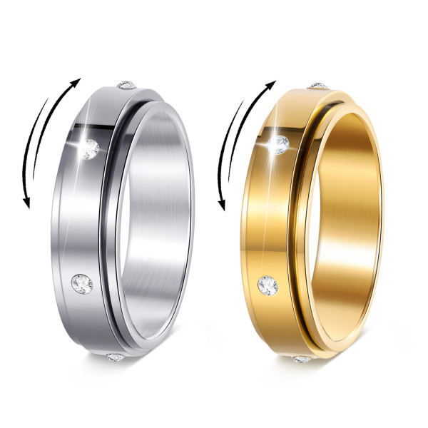 Rotating pressure reducing stainless steel gold luxury six diamond ring