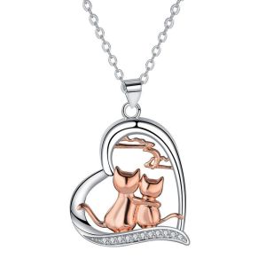 Couple Cat Necklace,  zircon Cute Female Pendant