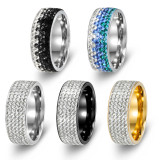 8MM Rhinestone stainless steel electroplated five row diamond ring