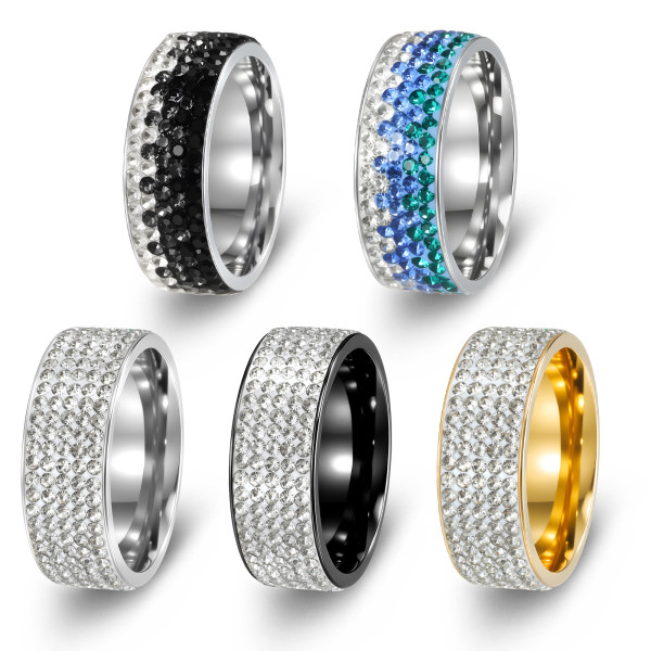 8MM Rhinestone stainless steel electroplated five row diamond ring