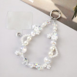 Crystal Phone Chain Pearl Flower Beaded Wrist Short Phone Hanging Rope for Women
