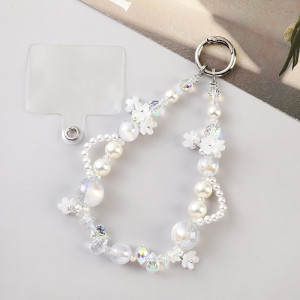 Crystal Phone Chain Pearl Flower Beaded Wrist Short Phone Hanging Rope for Women