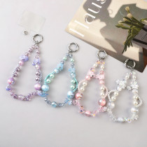 Crystal Phone Chain Pearl Flower Beaded Wrist Short Phone Hanging Rope for Women
