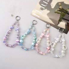 Crystal Phone Chain Pearl Flower Beaded Wrist Short Phone Hanging Rope for Women