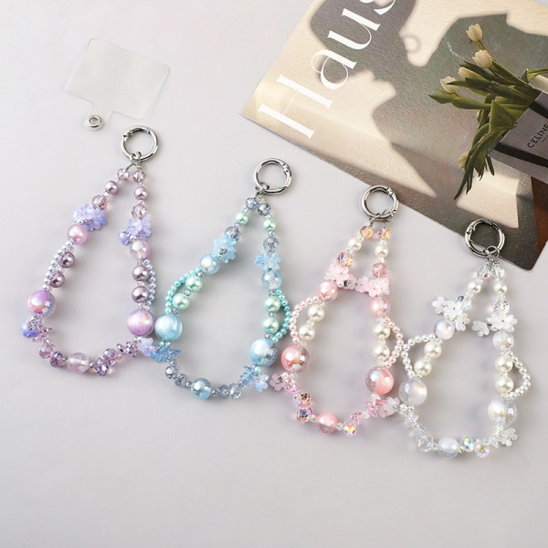 Crystal Phone Chain Pearl Flower Beaded Wrist Short Phone Hanging Rope for Women
