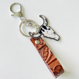 Genuine leather keychain, retro ethnic style, brown leather cow head, multi-color western style bag pendant