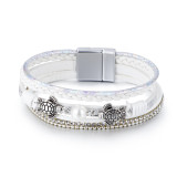 Ethnic style pearl turtle magnetic buckle women's bracelet, multi-layer PU leather woven bracelet