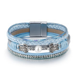 Ethnic style pearl turtle magnetic buckle women's bracelet, multi-layer PU leather woven bracelet
