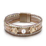 Ethnic style pearl turtle magnetic buckle women's bracelet, multi-layer PU leather woven bracelet