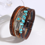 Jade Bohemian Style Bracelet, Gravel Feather Leather Bracelet, Retro Turquoise Magnetic Buckle Bracelet