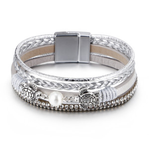 Ethnic style pearl turtle magnetic buckle women's bracelet, multi-layer PU leather woven bracelet
