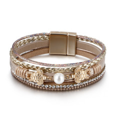 Ethnic style pearl turtle magnetic buckle women's bracelet, multi-layer PU leather woven bracelet
