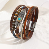 Jade Bohemian Style Bracelet, Gravel Feather Leather Bracelet, Retro Turquoise Magnetic Buckle Bracelet