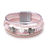 Ethnic style pearl turtle magnetic buckle women's bracelet, multi-layer PU leather woven bracelet