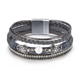 Ethnic style pearl turtle magnetic buckle women's bracelet, multi-layer PU leather woven bracelet