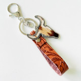 Genuine leather keychain, retro ethnic style, brown leather cow head, multi-color western style bag pendant