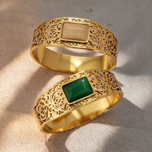 Vintage palace style gold stainless steel bracelet, emerald stone flower bracelet