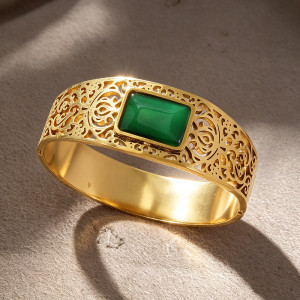 Vintage palace style gold stainless steel bracelet, emerald stone flower bracelet