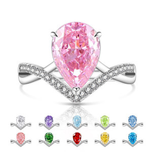 Caibao Ice Flower Cut V-Row Pear shaped Ring for Women's Explosive Flash High Carbon Diamond Crown Water Drop Ring