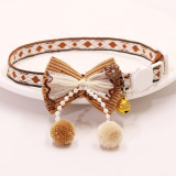 Pet coffee colored tie collar hanging bead lace bow bell cat necklace anti suffocation safety buckle