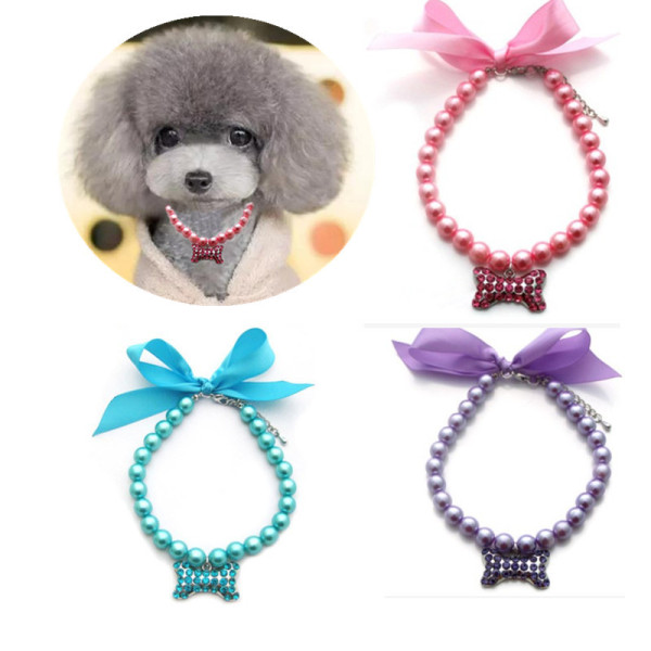 Pet jewelry, pearl necklace, cat and dog collar, bone pendant, small and medium-sized dog
