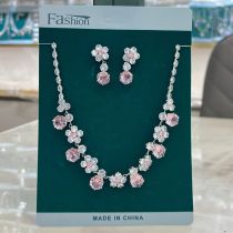 Environmentally friendly jewelry zircon luxurious pink plum blossom necklace earring accessory set