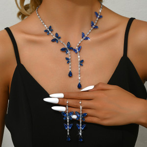 Colorful translucent blue zircon luxury butterfly set earrings necklace tassel set accessories