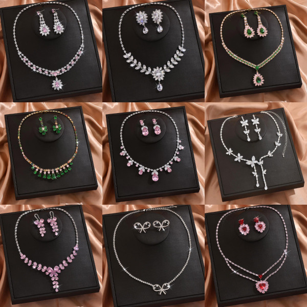 Bridal jewelry set with zircon inlay and multi-color matching, wedding necklace set with accessories