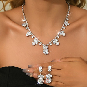 Pink zircon necklace earring set, fairy style small clear dress accessories for women