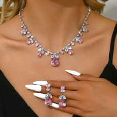 Pink zircon necklace earring set, fairy style small clear dress accessories for women