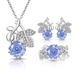 Caibao High Carbon Diamond Millennium Rose Cutting Ring Earnail Necklace Pendant Three Piece Jewelry Set
