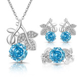 Caibao High Carbon Diamond Millennium Rose Cutting Ring Earnail Necklace Pendant Three Piece Jewelry Set