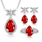 Caibao Ice Flower Cut Bow Ring Earnail Necklace Pendant Three Piece Set Head Jewelry