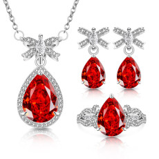 Caibao Ice Flower Cut Bow Ring Earnail Necklace Pendant Three Piece Set Head Jewelry