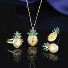 Copper plated K gold zircon jewelry luxury pineapple versatile set women's ring necklace earrings