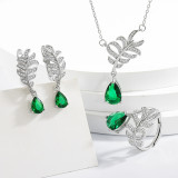 Leaf inlaid simulation emerald necklace ring temperament tassel earrings jewelry set