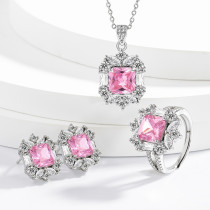 Caibao Square Set Asche Pink High Carbon Diamond Square Diamond Ring Earnail Pendant Necklace for Women