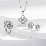 Four leaf clover earrings inlaid with zircon craftsmanship, rotating lucky grass earrings necklace ring set