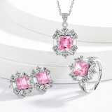 Caibao Square Set Asche Pink High Carbon Diamond Square Diamond Ring Earnail Pendant Necklace for Women