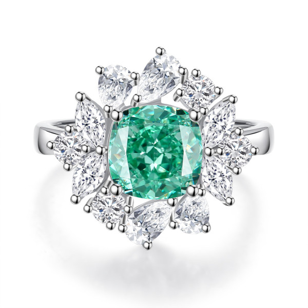 Original design s925 pure silver square green Paraiba ring wholesale high carbon diamond ring for women