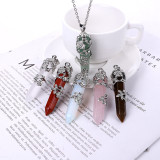 Natural hexagonal pillar amethyst pink crystal tiger eye stone necklace retro silver rose plum blossom pendant